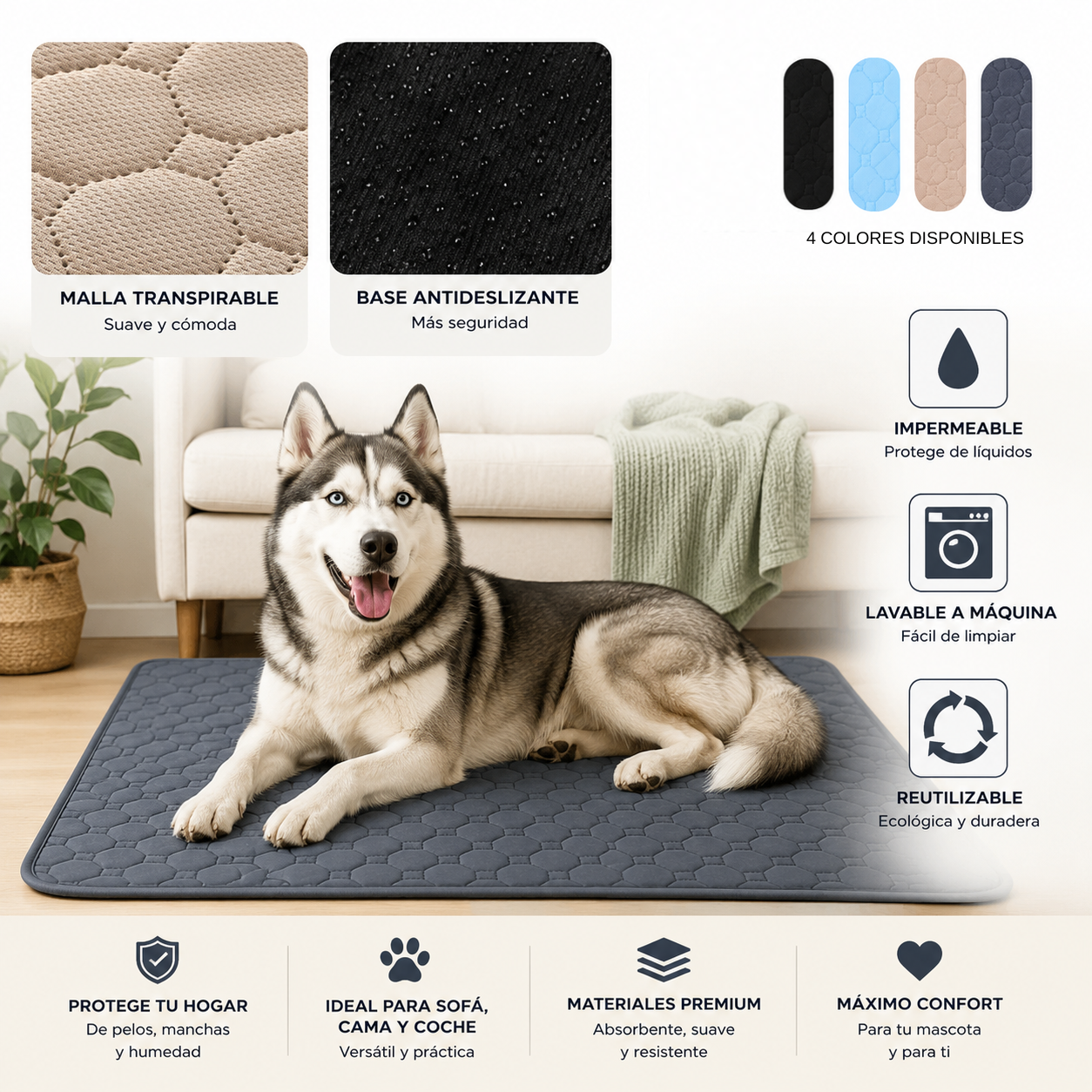 Manta absorbente reutilizable para perros